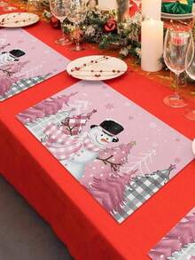 4 pièces Napperons de Noël bonhomme de neige, napperon à carreaux roses et rouges résistant à la chaleur, napperon en lin imprimé à carreaux de Noël, convient pour la cuisine, la salle à manger, les mariages, la décoration de la maison, la décoration intérieure, la décoration de table, les fêtes de Noël, un cadeau idéal