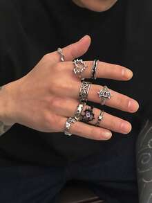 9pcs Fashionable Punk Style Crystal Star Rings Set, Adjustable For Men Casual Daily Wear - 9pcs - View 11