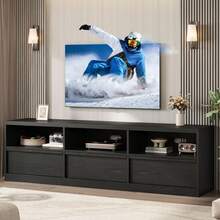 Mueble TV de 70 pulgadas para TVs de 75", centro de entretenimiento moderno de mediados de siglo con cajón de almacenamiento y estantes abiertos, gabinete de consola de medios de madera para sala de estar/dormitorio - Negro - Ver 6