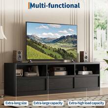 Mueble TV de 70 pulgadas para TVs de 75", centro de entretenimiento moderno de mediados de siglo con cajón de almacenamiento y estantes abiertos, gabinete de consola de medios de madera para sala de estar/dormitorio - Negro - Ver 5