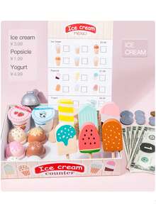 儿童木制冰淇淋柜台玩具套装，幼儿女孩玩具厨房玩具套装过家家礼物，适合 3 4 5 6 岁女孩或男孩，食物舀取和盛放玩具，适合 3-8 岁儿童的玩具厨房套装