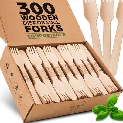 300 Piece Wooden Disposable Forks - Wood Compostable Forks - Friendly Utensils For Party - Free From Plastic Cutlery Set - Disposable Cutlery Fork Fo