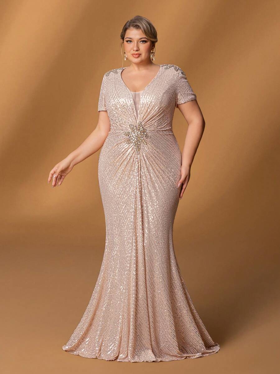 Faeriesty Mosy Plus Mother Of The Bride Dress: Elegant Shimmering Sequin Mermaid Evening Gown With Deep V-Neckline & Short Sleeve Sequin Accents – Fitted Bodice With Central Embellishment, Flared Fish-Tail Skirt For Weddings, Galas, Proms & High-End Parties