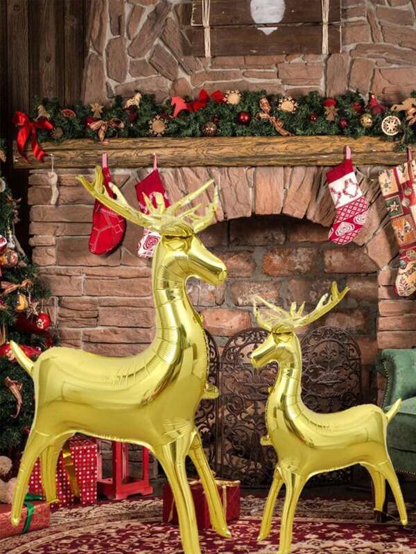 1set Christmas Standing Elk Balloon 1 Large 1 Small Golden Gradient Color White Suitable For Christmas Decoration Christmas Party Decor