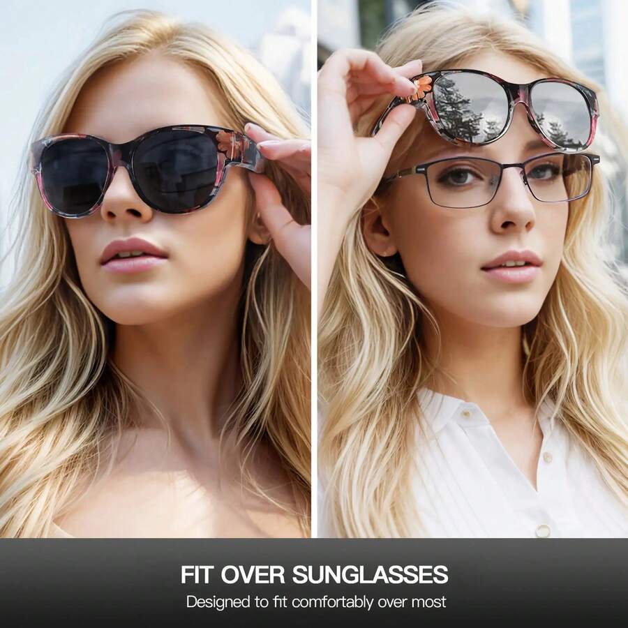 Enafad Women's Polarized Fashionable Glasses, Pink Flower And Green Leaf Pattern Design, Expanded Metal Hinge, Driving, Activity Accessories, High-Quality Lenses, Women's Fashion Glasses - Bao bì bó hoa (Hoa màu)* Xám - Xem 1