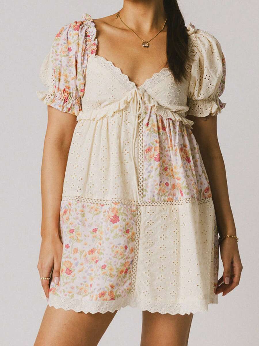 Women Y2k Puff Sleeve Babydoll Dresses Boho Floral Print V Neck Bow Tie Front Mini Dress Summer Flowy Patchwork Babydoll Sundress - 黃色 - 查看 1