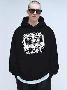 Sudadera con capucha de textura de terciopelo para hombres de-hop de la vieja escuela - Sudadera con estampado gráfico retro amarillo vibrante, ajuste regular, manga larga, ropa casual de invierno, regalo de moda americana para hombres, sudadera vintage - Negro - Ver 5