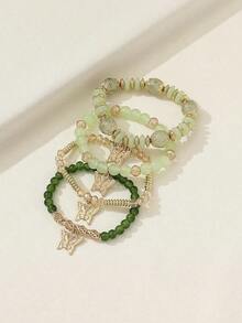 4pcs Bohemian Handmade Glass Beaded Bracelet Set With Flower Bead & Butterfly Pendant For Women, Elastic - màu xanh lá - Xem 6
