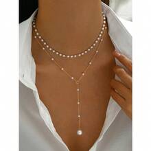 1pc Gold Y-Shaped Design Layered Necklace, Details Decorated With Rhinestones & Faux Pearl, Suitable For Daily Wear By Women, Friendship Gifts, Banquet Parties - 金色 - 查看 4