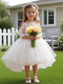 Long Sleeve Lace Patchwork Flower Girl Dress, Trailing Formal Gown For Wedding, Piano Recital - White - View 5