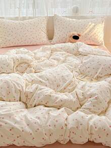 4pcs Romantic Tulip Floral Bedding Set (1*Duvet Cover + 1*Flat Sheet + 2*Pillowcases), Butterfly Print, Pink Sheet, Monet Garden, Sweet Home Decor, Machine Washable, All Season (No Filling) - Dusty Pink - View 7