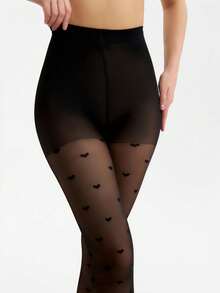 1pc Women's Thin Heart Print Black Stockings - Black - View 4