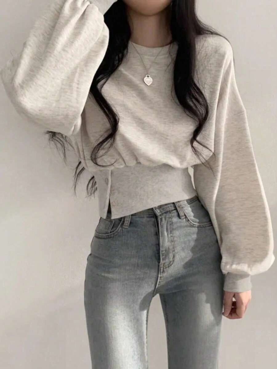 女式纯色休闲百搭束腰纽扣设计灯笼袖运动衫，秋季 - 白灰色 - 查看 1