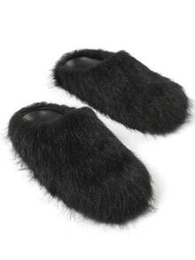 Women Fussbett Sabot Loafers Red Fluffy Furry Half-Covered Outdoor Flats Fashion Design Luxury Cosplay Gothic Halloween Shoes - 黑色 - 查看 4