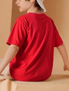 Camiseta infantil para niño, estilo casual de verano, holgada, cuello redondo, manga corta, estampado de Brainrot Tralalero Tralala Divertido, para uso diario - Rojo - Ver 2