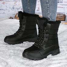 Botas de nieve hasta la pantorrilla para mujer, con forro térmico grueso, antideslizantes, de cordones y puntera redonda, negras, versátiles para el invierno