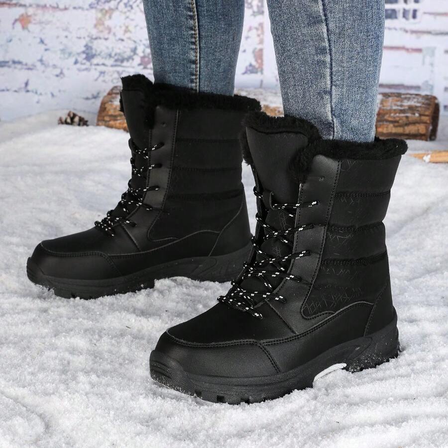 Botas de nieve hasta la pantorrilla para mujer, con forro térmico grueso, antideslizantes, de cordones y puntera redonda, negras, versátiles para el invierno