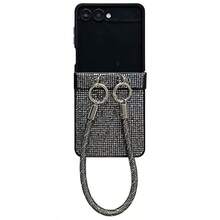 奢华黑色亮片方形水钻折叠手机壳，带腕带，适用于三星 Galaxy Z Flip3 5G/Galaxy Z Flip 4 5G/Galaxy Z Flip 5 5G/Galaxy Z Flip 6 5G/Galaxy Z Flip 7 5G，时尚高端折叠手机壳 - 黑色 - 查看 5