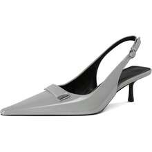 Women's Pointed Toe Slingback Heels Metal Buckle Ankle Strap Kitten Low Heel Pumps 2 Inch Stylish Retro Women Shoes-20256688 - 漆皮灰色 - 查看 1