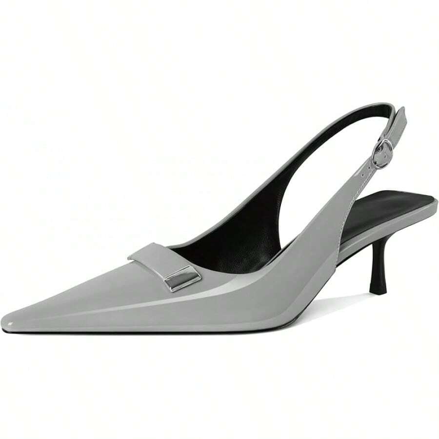Women's Pointed Toe Slingback Heels Metal Buckle Ankle Strap Kitten Low Heel Pumps 2 Inch Stylish Retro Women Shoes-20256688 - 漆皮灰色 - 查看 1