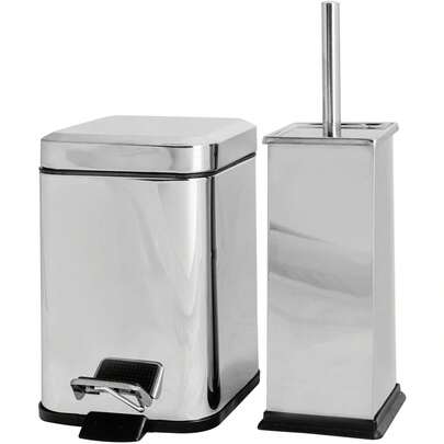 Bathroom Bin & Brush Set - Chrome - 2pc Square Stainless Steel Pedal Bin & Toilet Brush Set Slim Small Trashcan For Kitchen Waste, Bathroom Rubbish