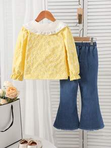 2pcs Girls Spring/Autumn Outfit, Embossed Soft Sakura Fabric Collared Long Sleeve Shirt Top And Flared Leg Jeans With 3D Flower Decor, Cute Girls Clothing Set - Multicolor - View 2