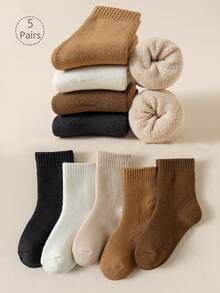 5 Pairs Kids Crew Socks, Toddler Boys Girls Solid Color Thermal Socks, Casual Warm Socks For Daily Wear, Gift, Black White Khaki Brown, Autumn Winter - Multicolor - View 10