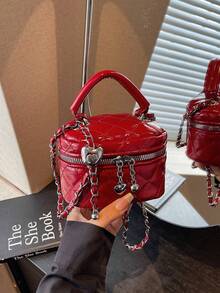 新款时尚经典多功能防水PU绗缝女士手提包，轻便易携，拉链闭合设计，心形拉链装饰斜挎圆盒包，零钱包，适合购物、旅行、通勤。 - 紅色 - 查看 4