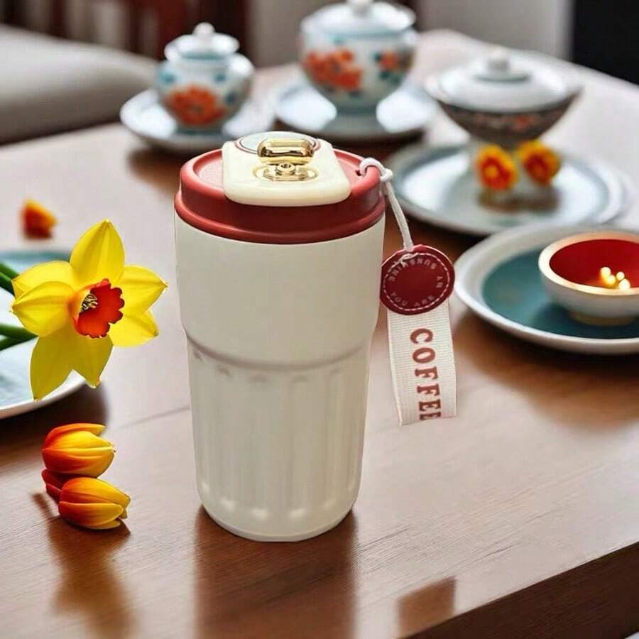 Stainless Steel Thermal Cup With Handle And Digital Temperature Gauge – 420ml - Red and White - View 1