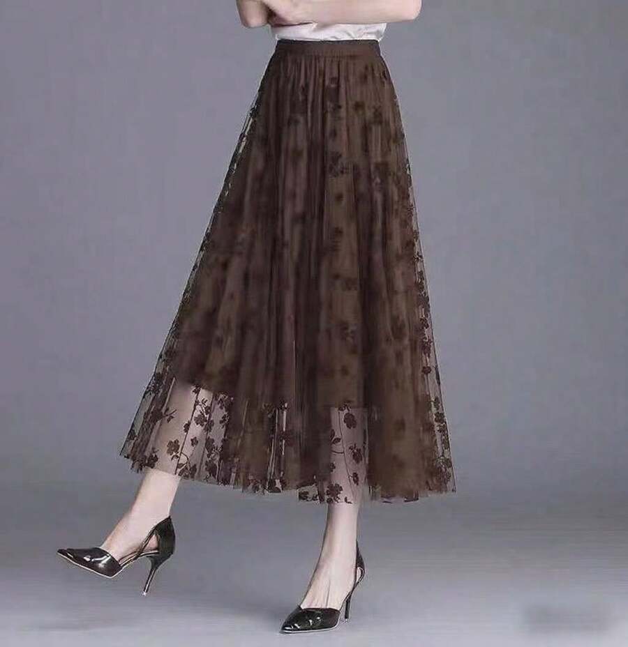 Embroidered Tulle Midi Skirt - Light And Romantic, 100% Polyester - Coffee Brown - View 1
