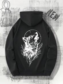Sudadera con capucha azul para hombres con gráfico de lobo y luna - Sudadera cómoda con bolsillo canguro, sudadera de manga larga casual para comodidad en todas las estaciones, sudadera para todas las estaciones |   Sudadera con Capucha de Diseñoístico |   Sudadera de poliéster - Negro - Ver 1