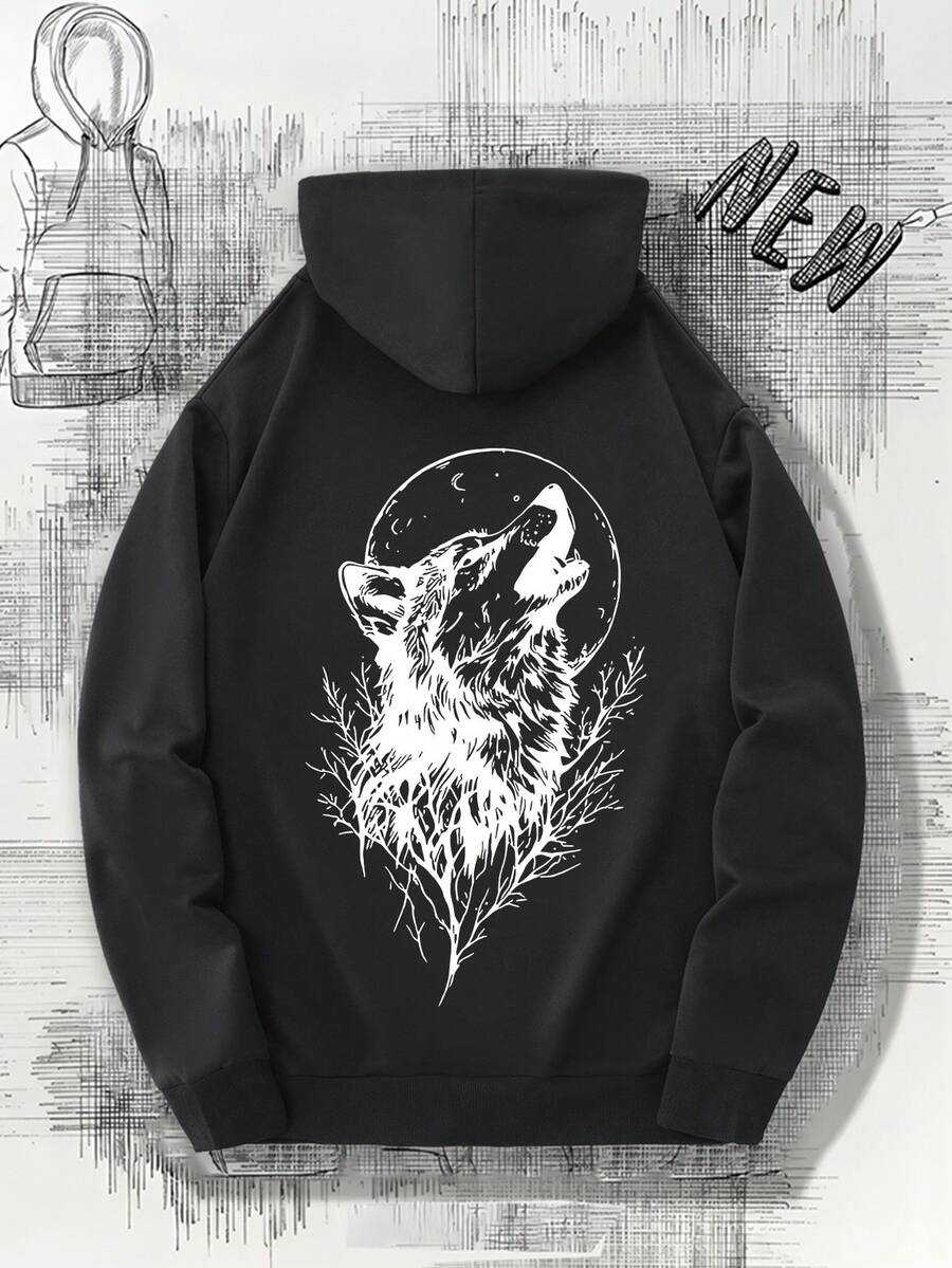 Sudadera con capucha azul para hombres con gráfico de lobo y luna - Sudadera cómoda con bolsillo canguro, sudadera de manga larga casual para comodidad en todas las estaciones, sudadera para todas las estaciones | Sudadera con Capucha de Diseñoístico | Sudadera de poliéster - Negro - Ver 1