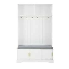 Zestaw szaf z ławką i półką na buty, wielofunkcyjna ławka ze schowkiem z 3 wieszakami i otwartą przestrzenią do przechowywania, prostokątna szafa z półkami do przedpokoju, kolor biały, wys. 190/szer. 120/gł. 40 - Biały + Płyta wiórowa - Zobacz 9