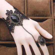 1 Piece, Dark Style Niche Design, Lace Rose, Finger Bracelet, Retro Gothic Lolita Flower Bracelet, - 黑色 - 查看 6
