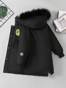 Boys' Fashionable Thickened Warm Winter Coats Casual Black Hooded Jacket With Embroidered Patches & Pockets, Long Sleeve, Suitable For Cold Weather - Black - View 2