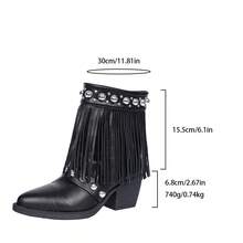 Sexy Side Zipper Party Boots, British Style Plus Size High Heel Black Fashion Boots For Autumn, Brown Fringe Pointed Toe Western Mid-Calf Boots, Grey Rivet Short Boots With Chunky Heels