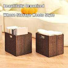 1pc/2pcs Hand Woven Storage Basket, Large Multifunctional Storage Basket, Woven Cubic Basket For Living Room, Bedroom, Home Storage, Kitchen, Dormitory, Office, Storage, Cosmetic Storage Box, Storage Box, Basket, Organization And Storage, Basket, Room Storage, Storage, Storage Box, Trash Can, Gift Basket, Gift Box, Gift Basket, Wall Cabinet, Decorative Home Decor, Kitchen Accessories - Coffee Brown - View 12