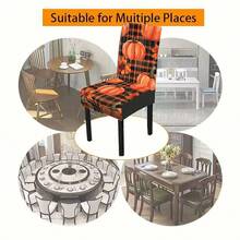 1/4/5/6/7/36pcs Thanksgiving Plaid, Line, Pumpkin & Maple Leaf Print Chair Cover/Seat Covers Set, Suitable For Indoor Home, Restaurant, Hotel, Ideal For Modern Daily Decor. Tablecloth Fits Square Dining Table, Elastic Chair Covers Are Washable. - Multicolor - View 4