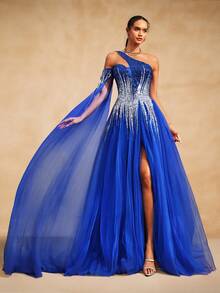 VIPGIRL Blue Sequin Patchwork Elegant Design Sheer Mesh Long Evening Dress, Graceful - Blue - View 4