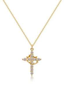 18K Gold Plated Copper Zirconia Studded Crown Cross Pendant Necklace, Elegant & Fashionable Copper Chain, Suitable For Daily Wear, A Great Valentine's Day Gift