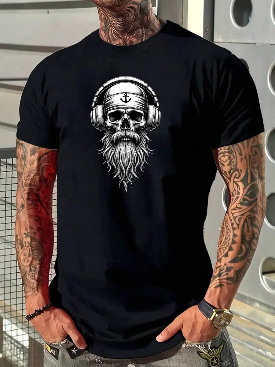 Navy Blue Men's T-Shirt Made Of 100% Cotton With Skull And Headphone Graphic Print - Edgy Gothic Style, Regular Fit, Casual T-Shirt, Micro-Stretch Knit Fabric, Breathable Comfort For All Seasons, Machine Washable Crew Neck Short-Sleeve Shirt For Casual Wear. - 黑色 - 查看 1