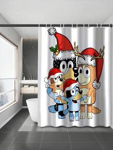 [Christmas Bluey Shower Curtain Window Curtain Set] 1/3/4pcs Christmas Solid Color Santa Hat Bluey Family And Friends Holiday Pattern Printed Shower Curtain Set, Modern Design, Suitable For All Seasons, Waterproof Polyester Hooks And Lining, Flannel Material, Soft Surface, Absorbent Anti-Slip Bathroom Mat, Bathroom Set Includes U-Shaped Mat, Toilet Mat, Anti-Slip Bathroom Mat And Bathroom Accessories, Home Decor, Holiday Decor, Christmas Gift, Daily Decor, Gift Giving