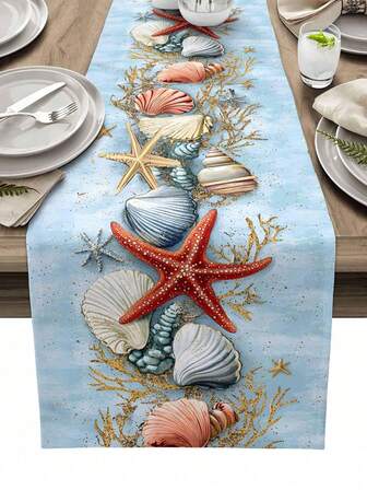 Summer Ocean Beach Starfish Shell Coral Table Runner Dresser Scarves Table Decor Farmhouse Kitchen Dining Table Runner Holiday Party Decor