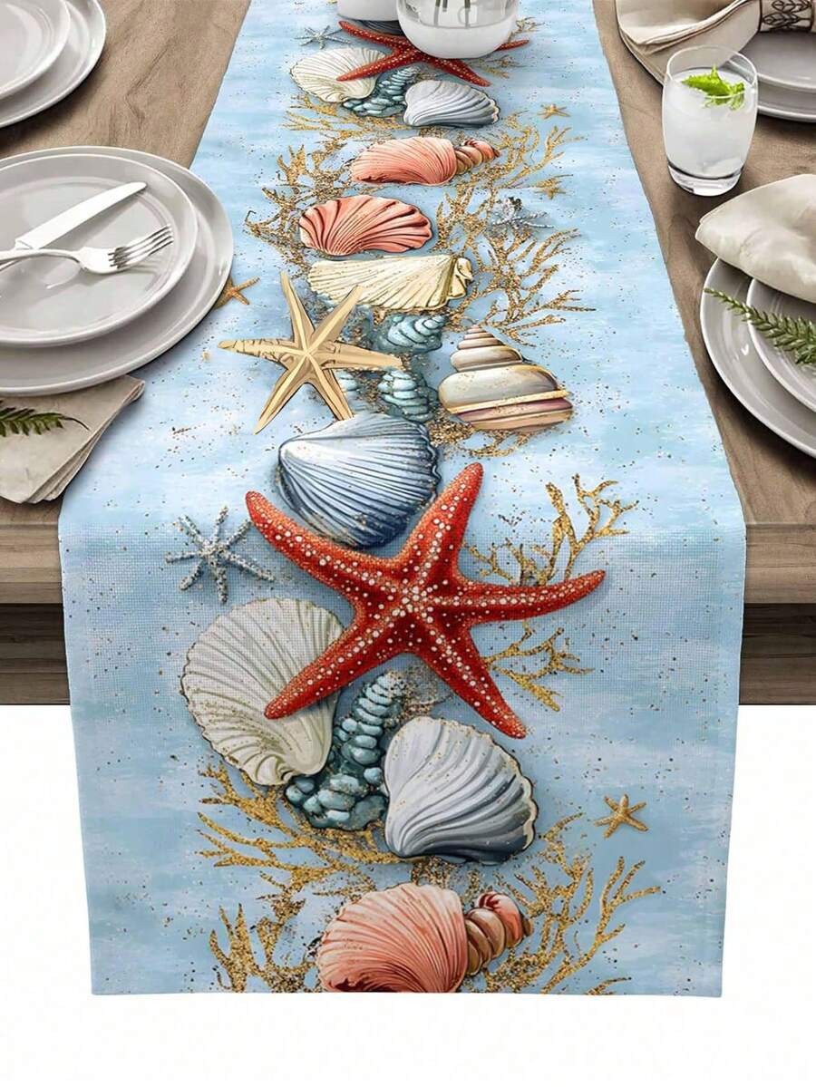 Summer Ocean Beach Starfish Shell Coral Table Runner Dresser Scarves Table Decor Farmhouse Kitchen Dining Table Runner Holiday Party Decor - Multicolor - View 1