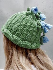 Lily Of The Valley Crochet Bell Orchid Designed Adult Cap, Hand Woven Warm Winter Urine Cap With Blue Flower Decoration, Women's Soft And Warm, Fashionable Knitted Cap