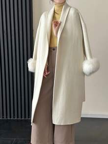 女士经典披肩领系腰长款双面羊毛大衣，秋冬季休闲加长外套 - 米色 - 查看 7