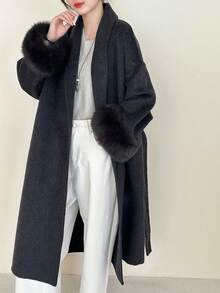 Women's Classic Shawl Collar Tie-Waist Long Double-Sided Wool Coat, Casual Extra Long Jacket For Autumn/Winter - Carbon Black - View 4