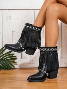 Sexy Side Zipper Party Boots, British Style Plus Size High Heel Black Fashion Boots For Autumn, Brown Fringe Pointed Toe Western Mid-Calf Boots, Grey Rivet Short Boots With Chunky Heels