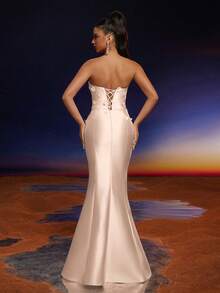 Anymoon 3D Hand Floral Ruffle Trim Mermaid Bridesmaid Dress - Apricot - View 2