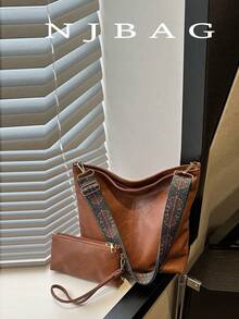 2pcs Large Capacity Casual Simple Bucket Shoulder Bag & Pouch Set - Brown - View 10
